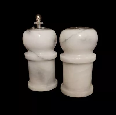 Vintage White & Grey Marble Stone Salt Shaker Pepper Grinder Spice With Stoppers • $12