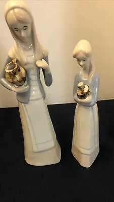 Ceramic Girl Lady W/ Pitcher 9-in. Lladro Style Lot Of 2 • $12.90