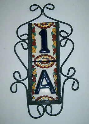 2 Mexican BLUE House Numbers Tiles With VERTICAL Iron Frame  • $37