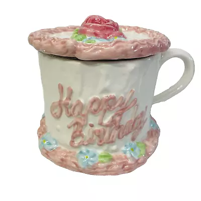 VTG NEW Teleflora Gift Happy Birthday Floral Cake Mug Covered Cup Lid Pick *flaw • $24.99