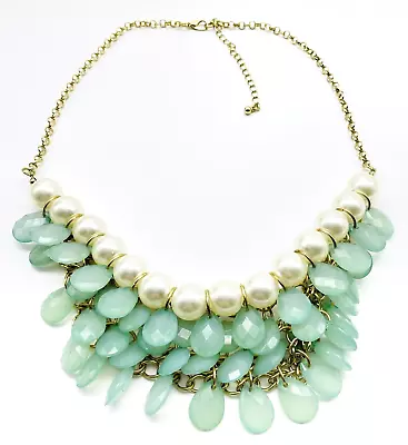 Mint Green Beaded Necklace Gold Tone Mesh Faux Pearls Statement Spring Summer • $14.99