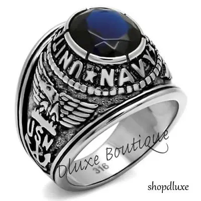 Men's Stainless Steel 316 Simulated Sapphire US Navy Military Ring Size 8-14 • $16.99