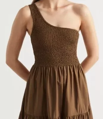 Seed Chocolate Brown Cotton One-Shoulder Tiered Gathered Maxi Dress - Size 14 • $45