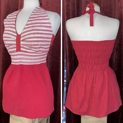 1970s 70s Vintage Red White Zig Zag Print Retro Halter Short Mini Dress • $45