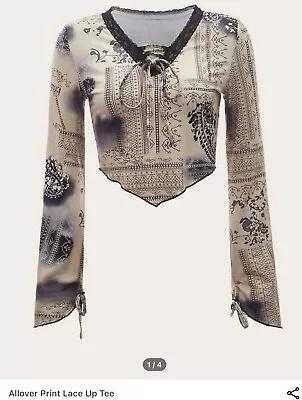 $9.99 • Buy Women M (6) / Junior XL Crop Top Allover Print Lace Up Long Sleeve Neutral/Black