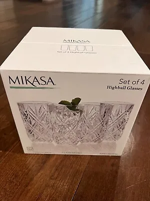 SET OF 4 MIKASA Claremont Fine Crystal 12oz Highball Glasses New Box Set  • $28