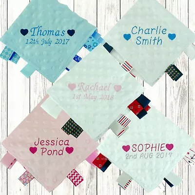 Baby Taggie Hearts Comforter Name Personalised Taggy Embroidered Date • £6.99