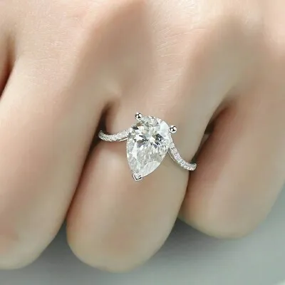 3 CT Pear Cut Solitaire Accent Moissanite Engagement  Gift Ring 14K White Gold • $241.37