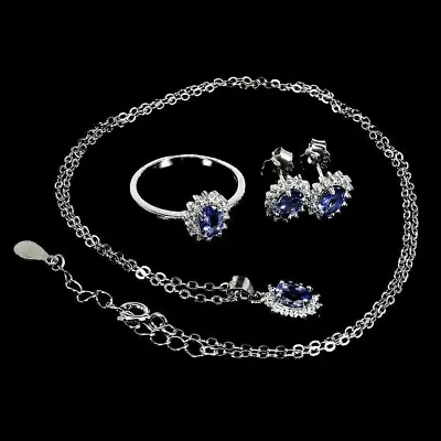 Earring Necklace Ring Blue Tanzanite Genuine Mined Gems Sterling Silver M US6.25 • £139.99