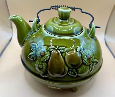 Vintage 1960’s Olive Green Teapot Japan Flowers Fruit Metal Handle Pears Teapot • $4