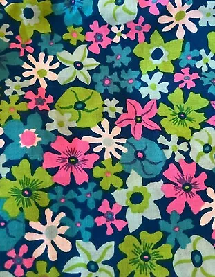 2+ Yards Beautiful Bright Neon Mod Vintage Blue Floral Lightweight Cotton Fabric • $49.99