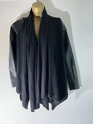 Womens Zara Eu Small Black Thick Knit Long Faux Leather Sleeve Drape Cardigan • £17.49