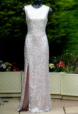 QUIZ Silver Pink Sequin Maxi Dress Size 8 Evening Wedding Ball Cruise Prom Party • £29.99