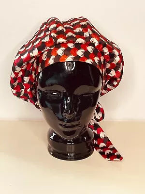 Vtg 60's Mod Gene Doris Red Black&white Silk Graphic Print Tie Beret Snood Hat • $49.99