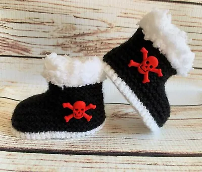 £18.82 • Buy Hand Knitted Baby Booties Boots Slippers Skull Crossbone 0-12M Goth Punk Black