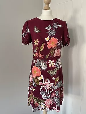 Oasis Short Sleeve Birds Butterflies Flowers Lace Trim Maroon Dress UK Size 12 • £14.50