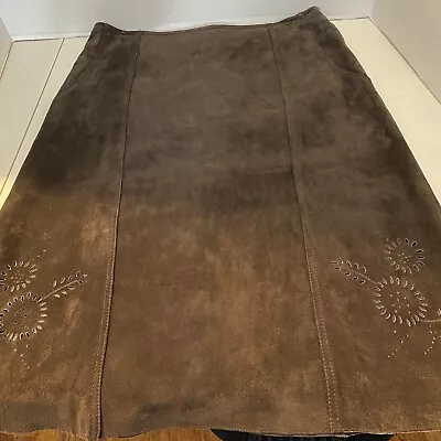 Sigrid Olsen SO Blue Maxi Skirt Suede Brown Tan Floral Design Size 6 Pre-owned • $19.88