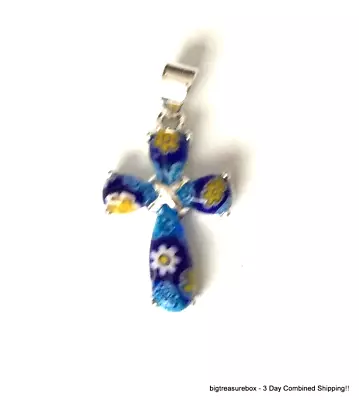 Vtg Necklace Pendant MARKED 925 STERLING SILVER Cross Murano Millefiori Lot Y • $0.99
