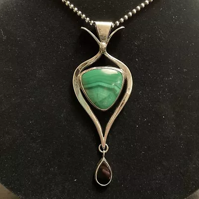 Vintage Modernist Sterling Silver Malachite And Onyx Pendant Necklace ~ Signed  • $50