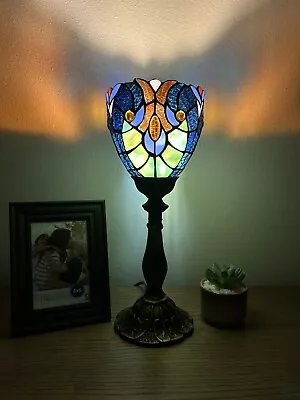 Tiffany Style Mini Torch Table Lamp Green Blue Stained Glass LED Bulb 15 H • $85.99