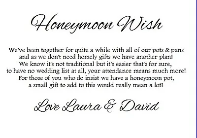 Personalised Wedding Honeymoon Money Wish Gift Invite Poem Cards Card Inserts • £2.99