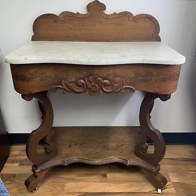 Antique White Marble Top Washstand W/ Wood Base On Wheels   30  X 16.5  X 30  • $299.99