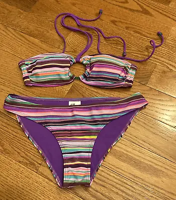 H & M Two Pieces Swimsuit Bikini Set Pink Striped Badeau Size 6 • $4.99