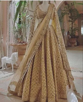 $100.06 • Buy Silver And Golden Lehenga Choli Foil Mirror Work Dress Indian Lengha Chunri Sari