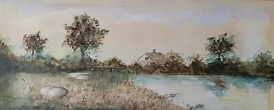 Vintage Naive Folkart Landscape Watercolor Painting 16 ×6.5  • $23.38