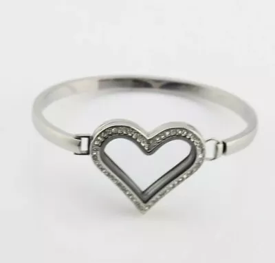 Stainless Steel Crystal Heart Floating Glass Locket Bangle • $24.95