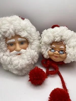 Vintage Mr & Mrs SANTA CLAUS HEAD Hanging CHRISTMAS Crocheted Ball Ornaments • $12.99