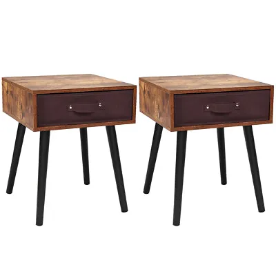 Set Of 2 Mid-Century Nightstand End Accent Bedside Table W/ Drawer Rustic Brown • $75.99