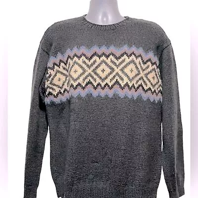 J. Crew Wool Fair Isle Nordic Style Crewneck Dark Green Ski Sweater Mens Large • $33.98