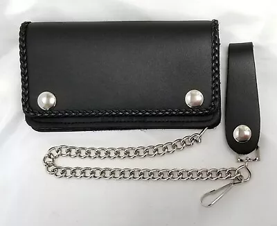 Black Leather Trucker Wallet Braided Trim  6  X 3.5  With 12  Chain MADE IN USA • $29.49