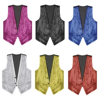 Mens Sparkling Sequin Button Vest Waistcoat Sleeveless Disco Dance Tops Clubwear • $14.09