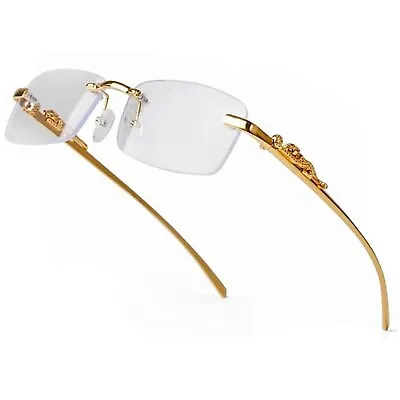 Mens Vintage Clear Lens Gold Frame Leopard Rimless Hip Hop Frameless Glasses • $15.99