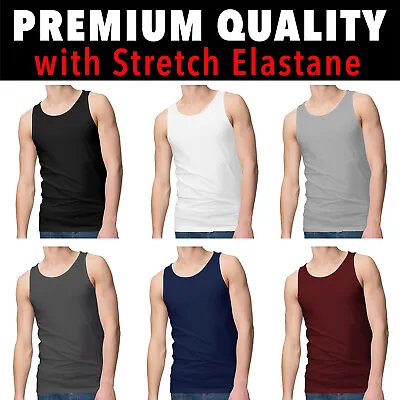 Mens Vests Tank Top Training Gym Tops Coloured Stretch Cotton Elastane S-XL • £4.99