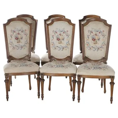 Antique Set Of Eight French Louis XVI Walnut Tapestry Dining Chairs Circa 1920 • $2360