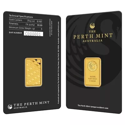 5 Gram Perth Mint Gold Bar .9999 Fine (In Assay) • $403.68