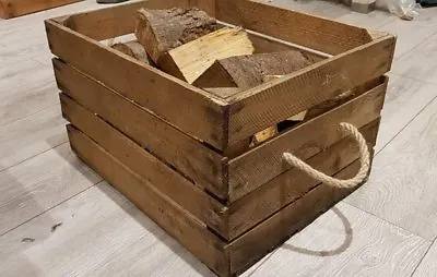 LOG BASKET / FIRE WOOD STORAGE  / FIREPLACE KINDLING BOX Wooden Apple Crate ROPE • £24.95