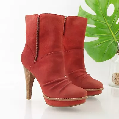 UGG Women's Bianka Boot Size 6.5 High Heel Red Suede Sherpa Shearling Platform • $67.83