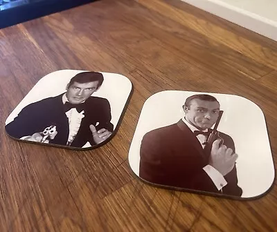 James Bond Drink Coasters! Set Of 2 - Sean Connery + Roger Moore 🔫🍸😎 • $12.99
