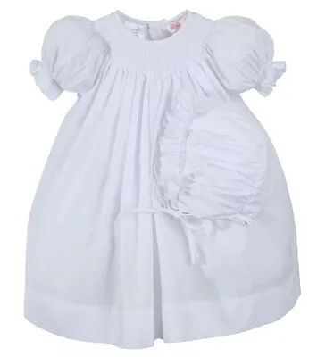 Petit Ami Dress Infant Girls Solid White Smocked Dress & Bonnet NWT Preemie-9m • $32.99