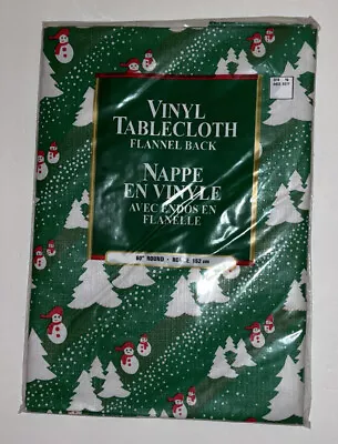 Vintage Holiday 60” Round Vinyl Flannel-Back Tablecloth Green Red White Snowmen • $4.90