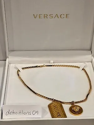 Versace Gold Metal 19in Necklace With Dog Tag And Medusa Pendant • $825.95