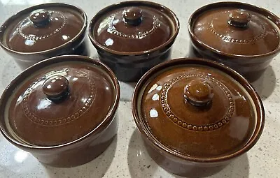 Pearsons Of Chesterfield Set Of 5 Small Brown Glazed Casserole Pots With Lids • $65