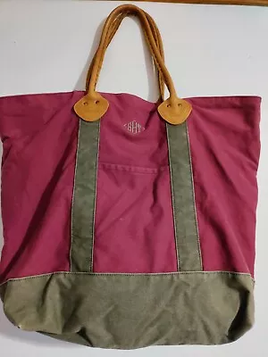 Vintage LL Bean Boat Tote Bag Leather Handles Plaid Lining Burgundy Green • $55