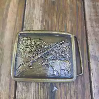 VTG Indina Metal Craft Brass Belt Buckle 1976 Colt Hunting Moose Rifle • $9.99
