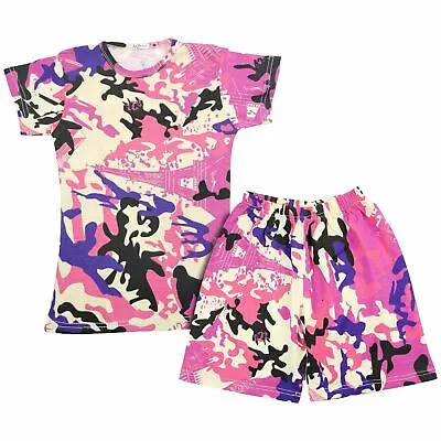 Kids Girls Short 100% Cotton Camouflage Baby Pink Summer T Shirt Shorts Set 5-13 • £9.99