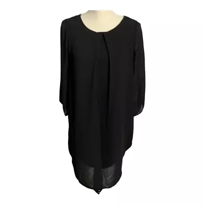 Black Solid Shift Dress Size 6 3/4-Sleeve Scoop Neck Zip-Back Sheer Lined • £17.52